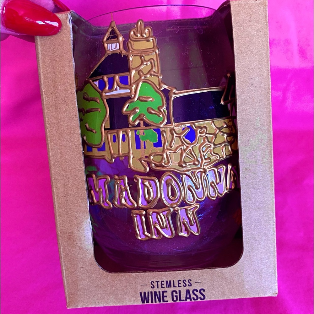 Madonna Inn Stemless Wine Vino Glass Cup Pink Gold Roses Hotel California Champ